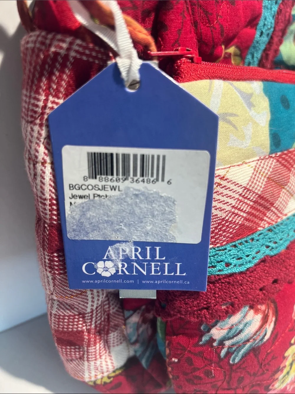 April Cornell Red Floral Quilted Cosmetic Crossbody with Teal Accents